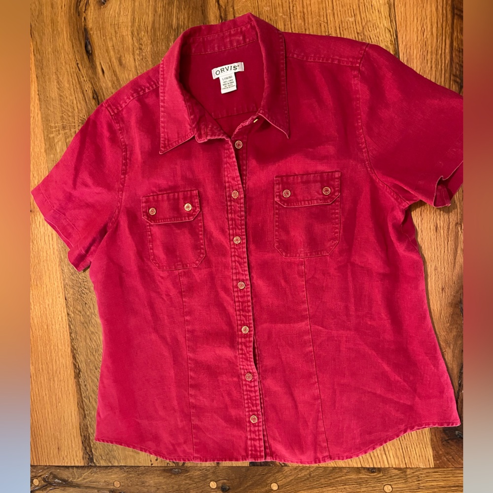 Orvis 100% Linen Ruby Red Short Sleeve Button Front Shirt, Size Large (14/16)
